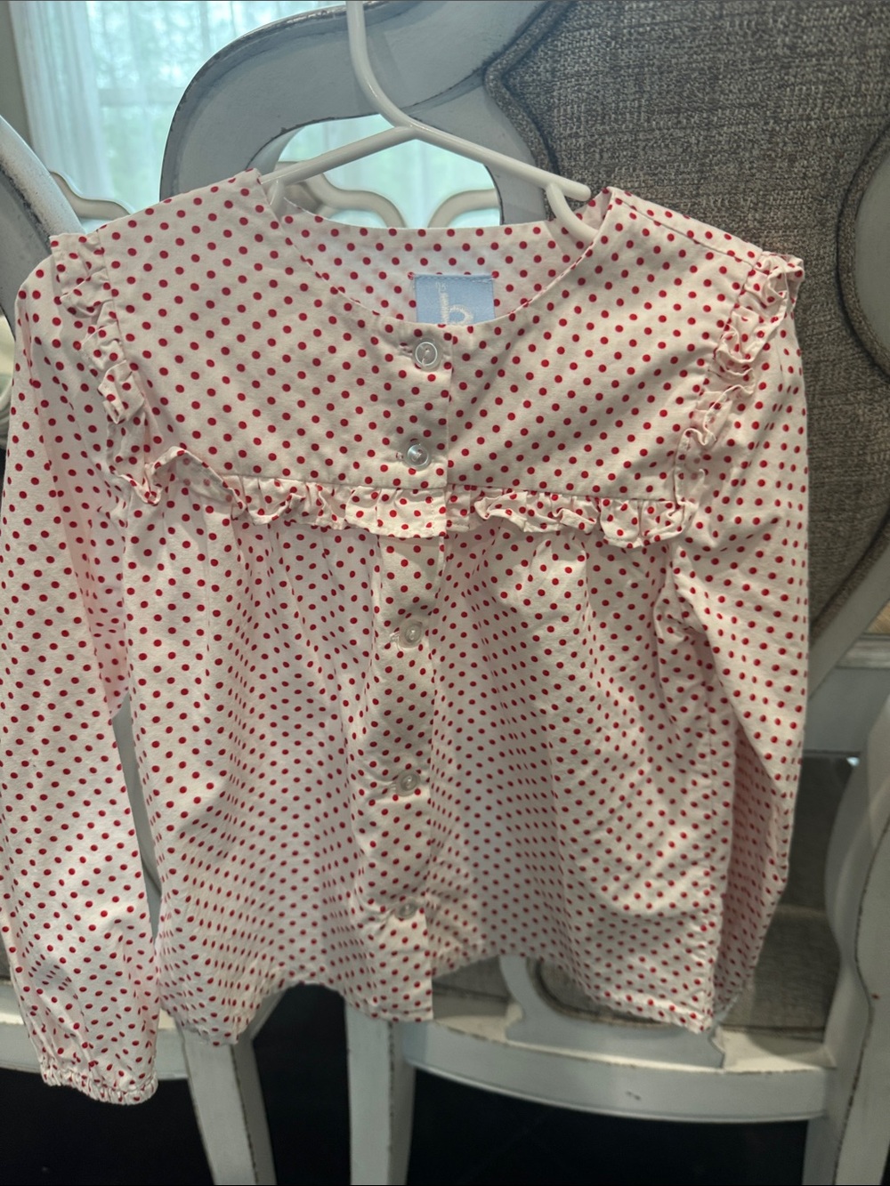 Bella Bliss Girls White Blouse with Red Polka Dots and Ruffle Trim